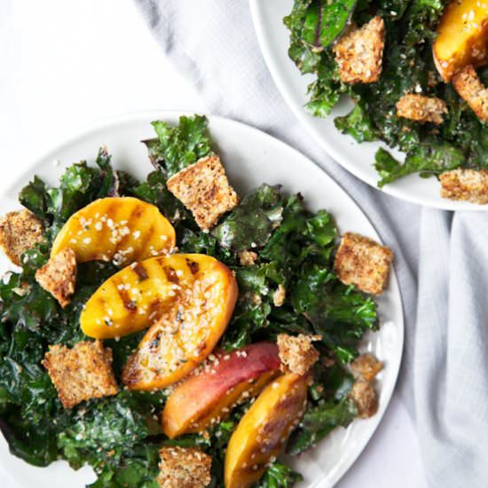 Creamy Kale Salad + Grilled Peaches - Recipe photo by thegreenlife