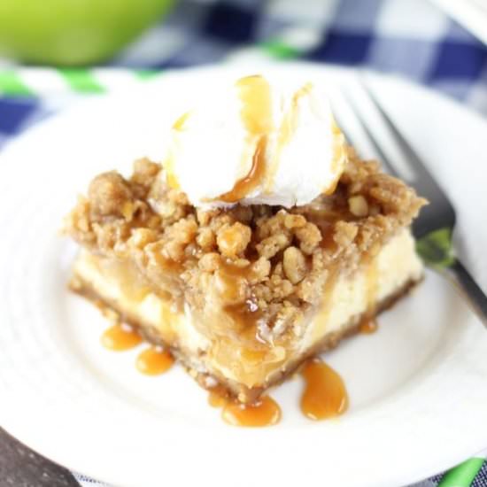 Caramel Apple Cheesecake Bars - Recipe photo by thegoldlininggirl