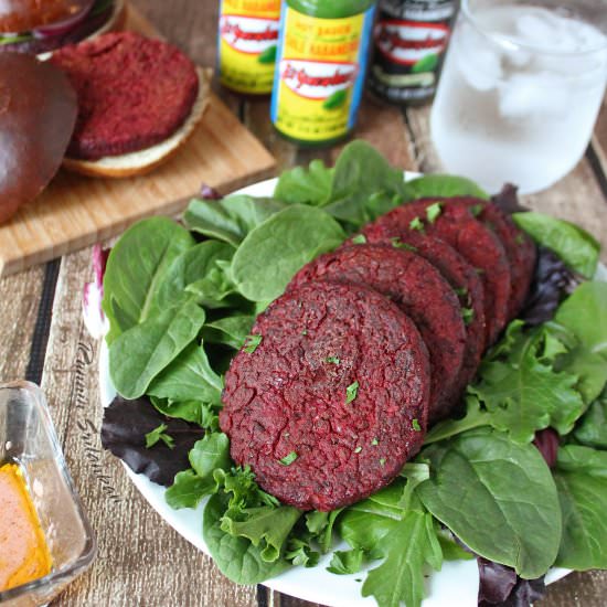 Spicy Beet & Bean Burgers - Recipe photo by SavorySpin