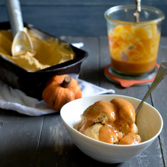 Pumpkin Ice Cream w/ Caramel Sauce - Recipe photo by peachesncreamblog