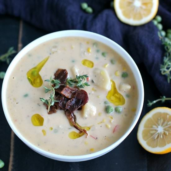 Creamy Salmon Soup with Peas - Recipe photo by peasandpeonies