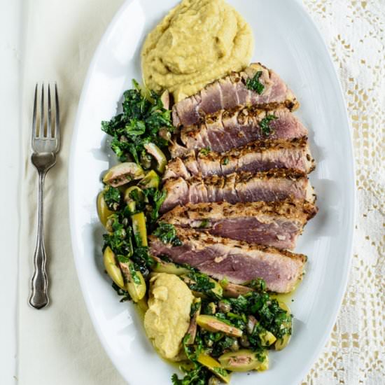Tuna with Aubergine Hummus - Recipe photo by cocklesandmussels
