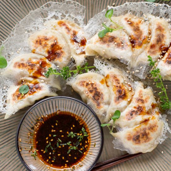 Pan-Fried Gyoza with Crispy Lattice - Recipe photo by Chopstick Chronicles