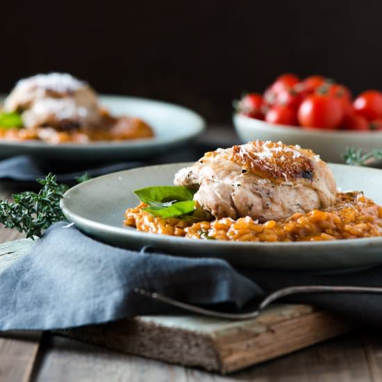 Roasted Tomato Risotto & Chicken - Recipe photo by theadventuresofbobandshan