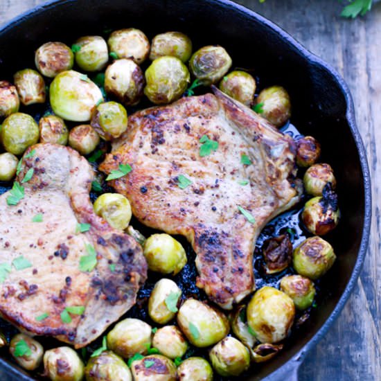 One Pan Pork Chops and Brussels Sprouts - Recipe photo by lslfunblog
