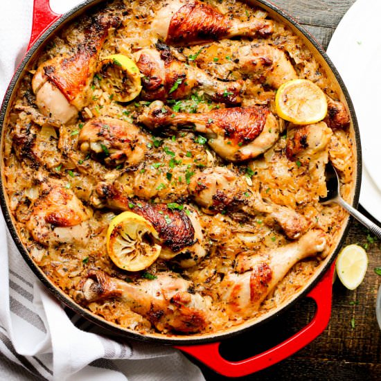 One Pot Greek Chicken and Rice - Recipe photo by Girl and the Kitchen