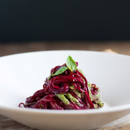 Beetroot Spaghetti in Walnut Pesto - Recipe photo by foodieawareness
