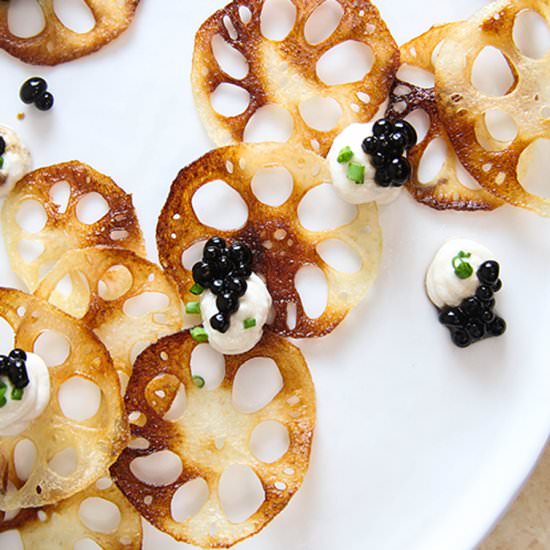 Lotus Root Chips w/ Balsamic Caviar - Recipe photo by estalystic