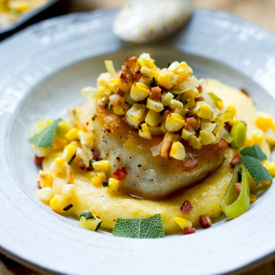 Halibut w/ Corn, Pancetta & Sage - Recipe photo by Feasting at Home