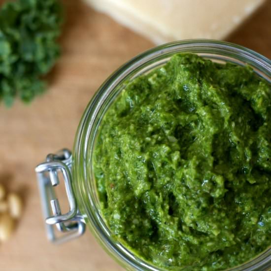Autumn Kale Pesto w/ Pine Nuts - Recipe photo by VibrantFoodStories