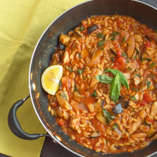Orzo Chicken & Aubergine One-Pot - Recipe photo by foodandfitnessalways