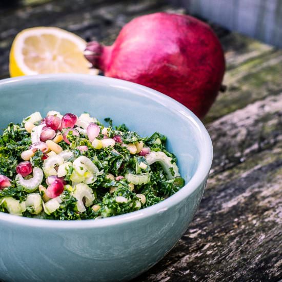 Festive Kale Salad With Pomegranate - Recipe photo by adashofoliveoil