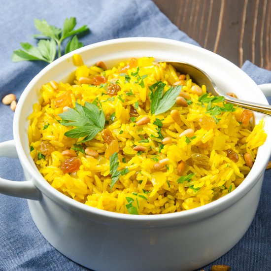 Jeweled Yellow Rice and Pignoli - Recipe photo by garlic and zest