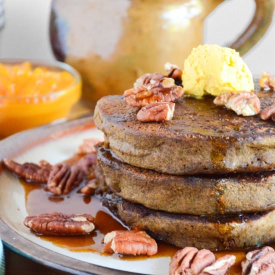 Pumpkin Peanut Butter Pancakes - Recipe photo by The Vanilla Plum