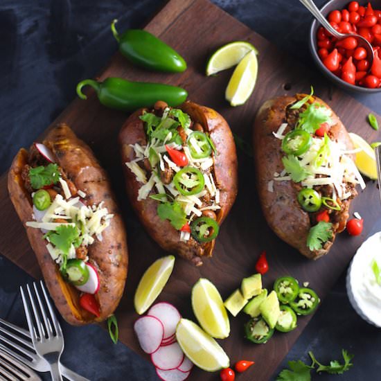 Spicy Chili Stuffed Sweet Potatoes - Recipe photo by NerdsWithKnives-Emily