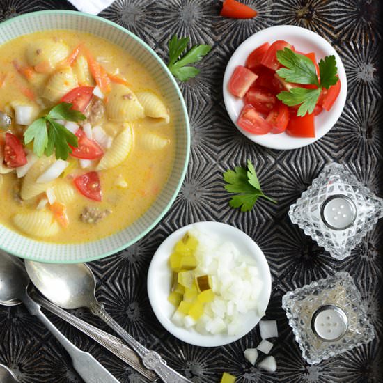 Macaroni & Cheeseburger Veggie Soup - Recipe photo by AnEdibleMosaic