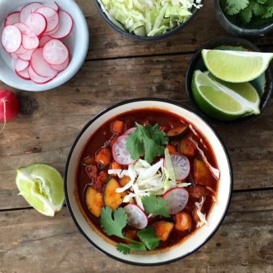 Vegetarian Pozole Rojo - Recipe photo by borrowedsalt