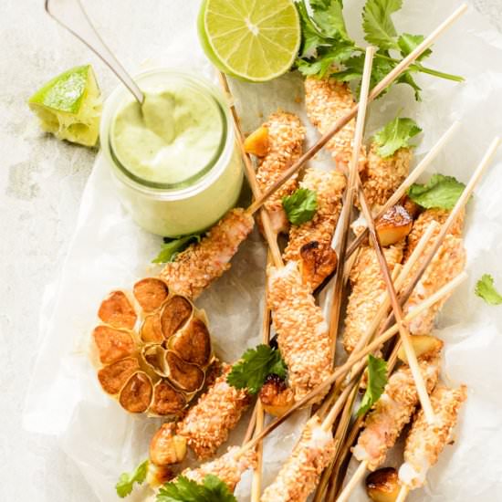 Sesame Prawn Skewers With Rocket - Recipe photo by cocklesandmussels