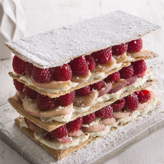 Mille-feuille of peach & raspberry - Recipe photo by MeccaGBC