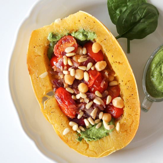 Pesto Spaghetti Squash & Tomatoes - Recipe photo by reachingforgreens