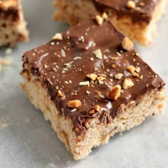 Snicker Bar Rice Krispies Treats. - Recipe photo by reallifedinner