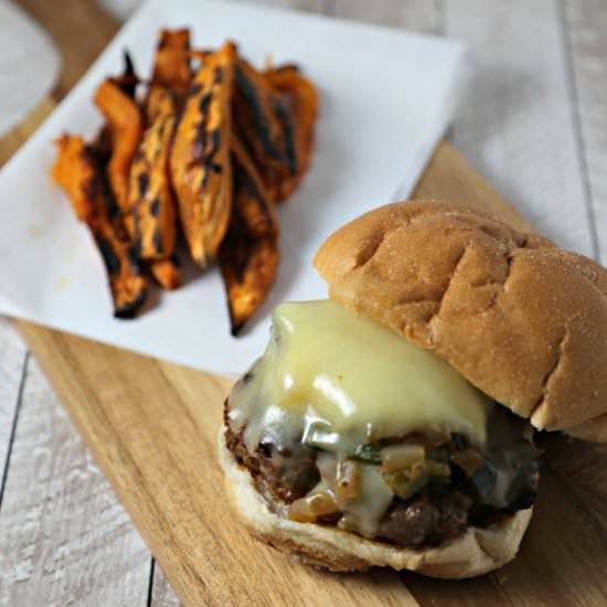 Queso Fundido Burger Poblano Rajas - Recipe photo by CookingInStilettos