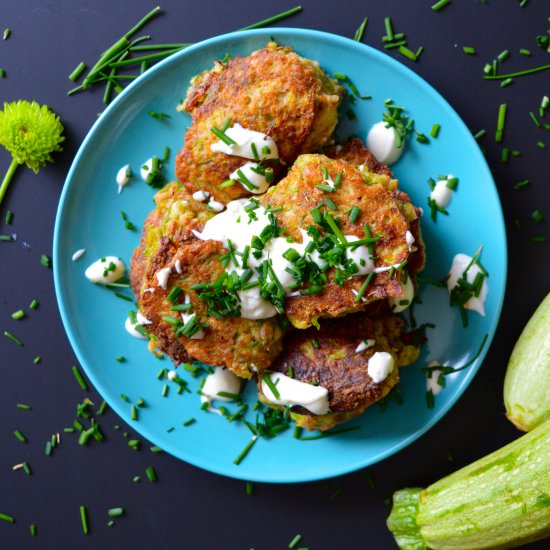 Crispy Golden Zucchini Fritters - Recipe photo by GreenLivingSoul