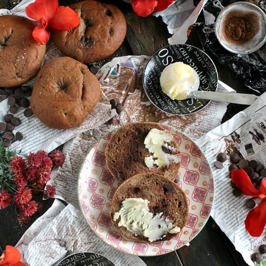 Chocolate Chocolate Chip Bagels - Recipe photo by peasandpeonies