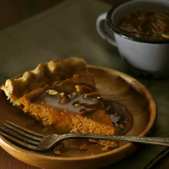 Pumpkin Pie with Pecan Drizzle - Recipe photo by loavesanddishes