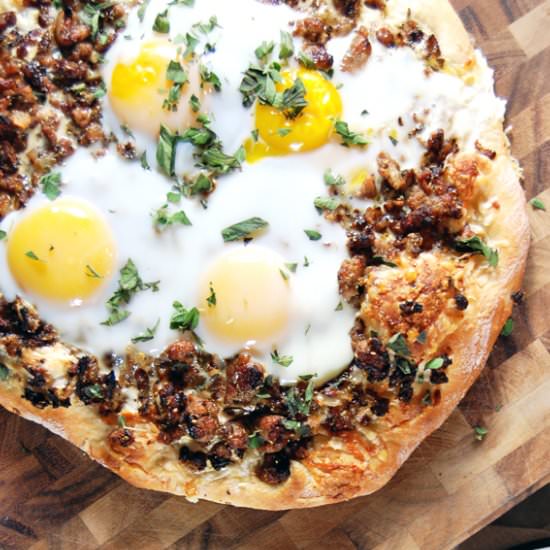 Cheese Pizza with Pork and Egg - Recipe photo by thecharmingdetroiter