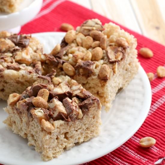Snickers Rice Krispies Treats - Recipe photo by frugalfoodiemama