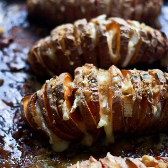 Brie Hasselback Sweet Potatoes - Recipe photo by cookingforkeeps