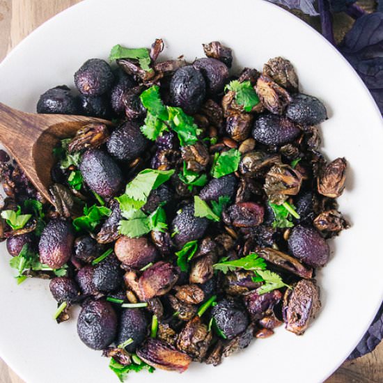 Curry Roasted Brussels / Grapes - Recipe photo by rootingthesun