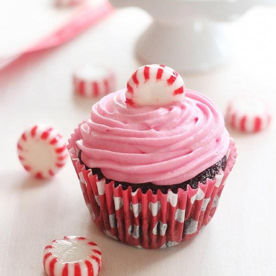 Pink Peppermint Candy Cupcakes - Recipe photo by Johlene@FlavoursandFrosting