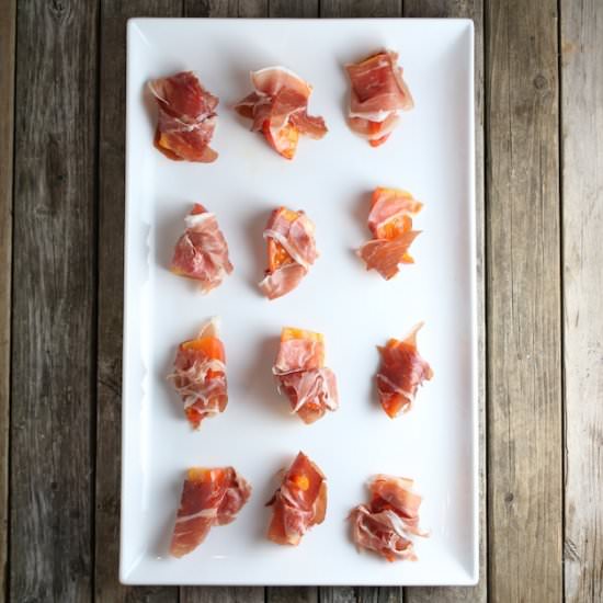 Prosciutto Wrapped Persimmons - Recipe photo by HollyatTasteAndSee