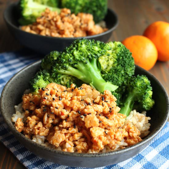 Orange Ground Chicken Rice Bowls - Recipe photo by frugalnutrition