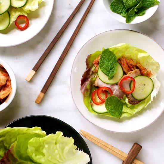 Spicy Pork Belly & Kimchi Wraps - Recipe photo by PinchandSwirl