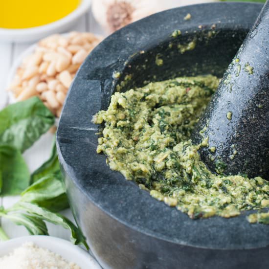 Mortar and Pestle Basil Pesto - Recipe photo by photosandfood