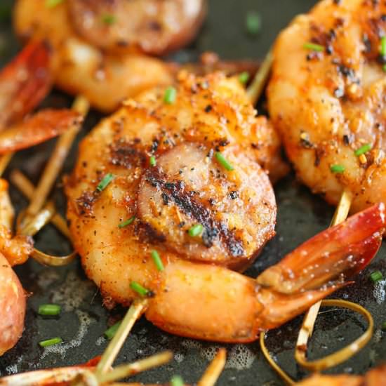 Cajun Shrimp and Sausage Skewers - Recipe photo by damndelicious