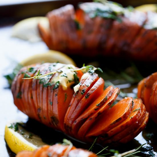 Hasselback Herbed Sweet Potatoes - Recipe photo by Cafe Delites