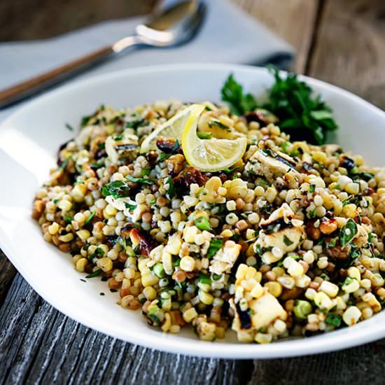 Corn, Fregola with Grilled Halloumi - Recipe photo by keviniscooking