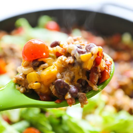 One-Pan Rice and Beans Taco Skillet - Recipe photo by pipandebby