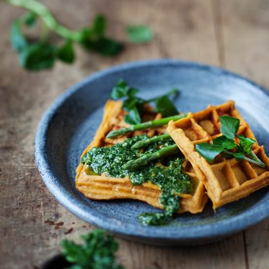 Sweet Potato Waffles & Kale Pesto - Recipe photo by sabrinasue