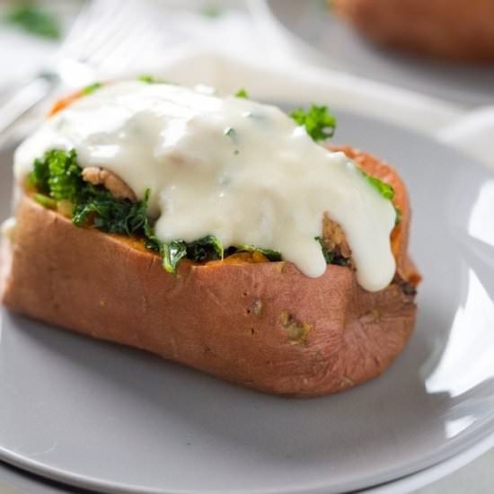 Kale and Sausage Stuffed Sweet Potatoes - Recipe photo by withsaltandwit