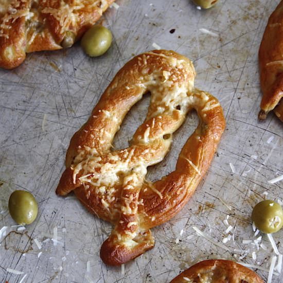 Olive and Parmesan Soft Pretzels - Recipe photo by wildflourblog