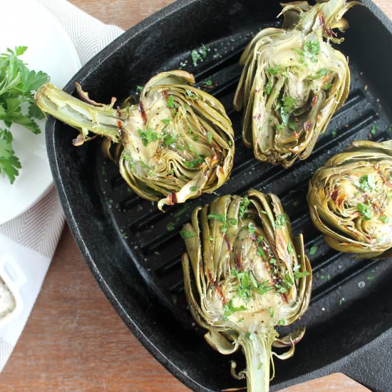 Roasted Artichokes w/ Truffle Aioli - Recipe photo by jennyrawn
