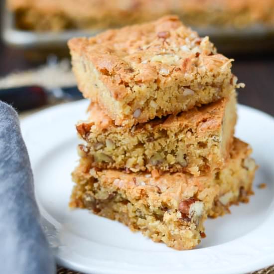 Coconut Pecan Blondies - Recipe photo by garlic and zest