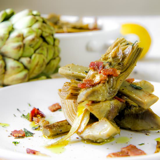 Sauteed Artichokes with Bacon - Recipe photo by Philosokitchen