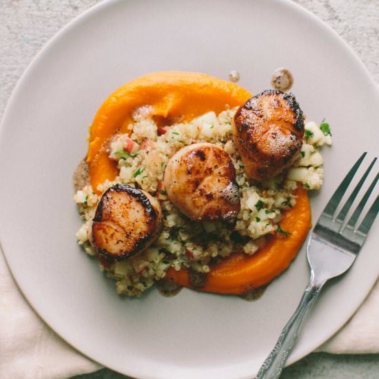 Seared Scallops with Quinoa Salad - Recipe photo by athoughtforfood