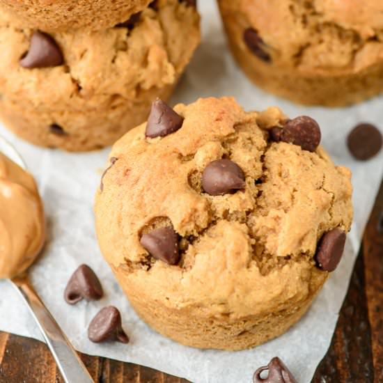 Peanut Butter Muffins + Chocolate - Recipe photo by wellplated